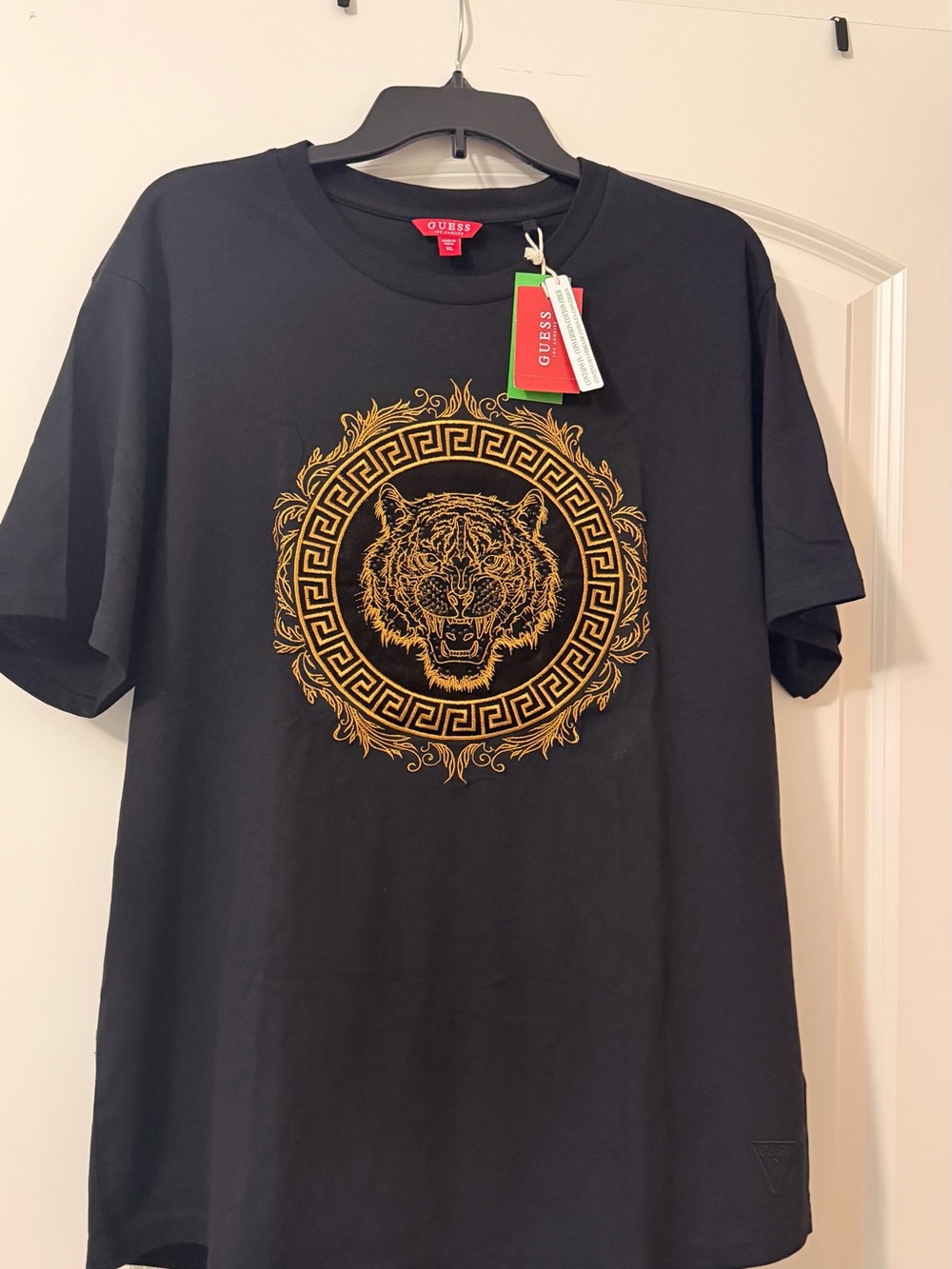 Guess Black Short-Sleeve Tee with Gold Tiger Crest